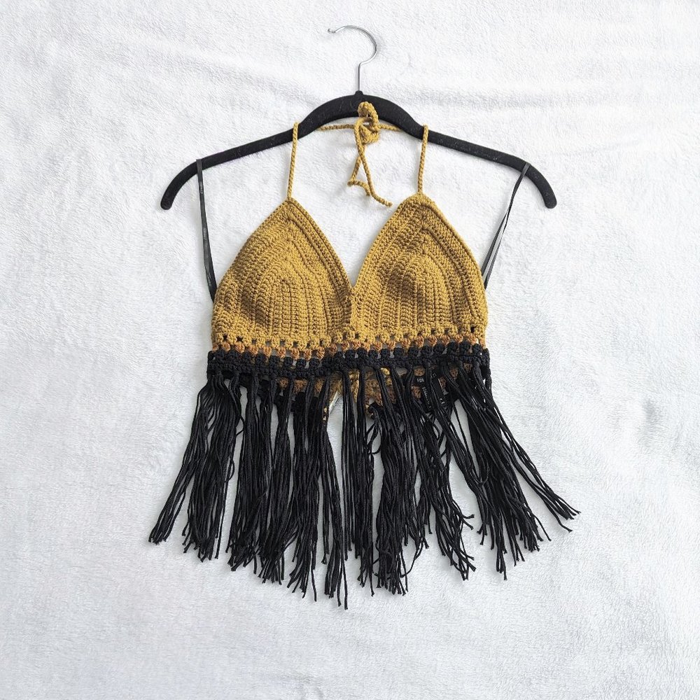 Forever 21 Boho Crochet Fringe Halter Top, Size S